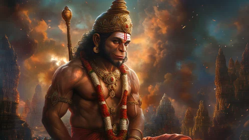 Digital rendering depicts mythological figure before temples