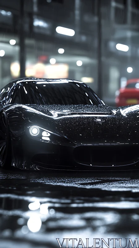 Low-slung black sports coupe under rain with high-gloss reflections