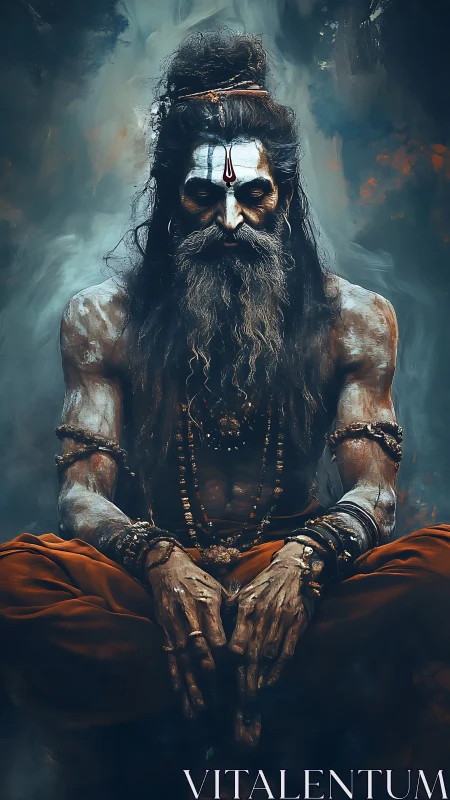 Mystic sage in deep meditation wrapped in quiet strength.