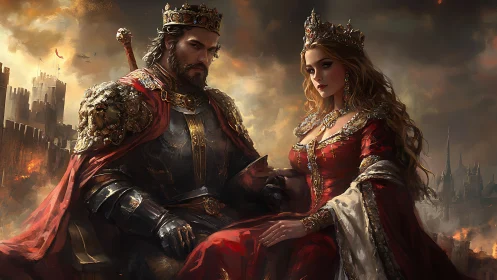 Medieval king and queen rule burning fortress kingdom