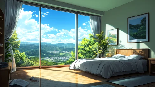 Sunlit bedroom retreat opening onto rolling green hills.