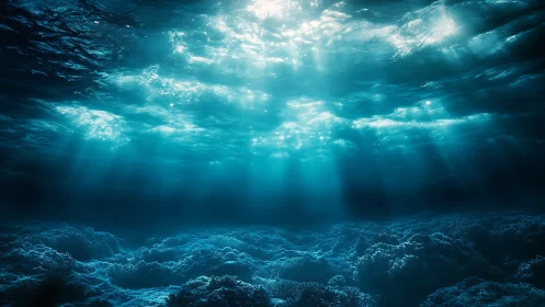 Sunbeams break through deep blue water over a silent seabed