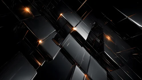 Futuristic black geometric cubes with glowing orange highlights.