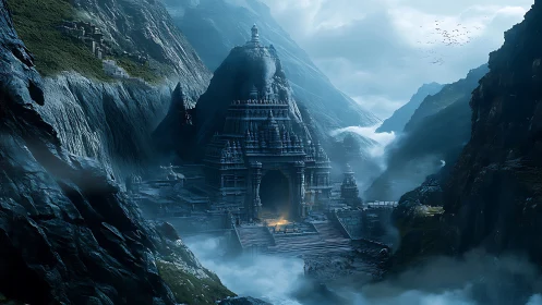 Misty mountain temple sanctuary glowing with quiet wonder.