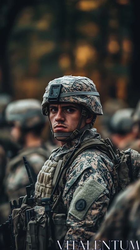 Photorealistic military portrait with shallow depth of field.