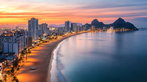 Coastal city skyline with illuminated beachfront at dusk.