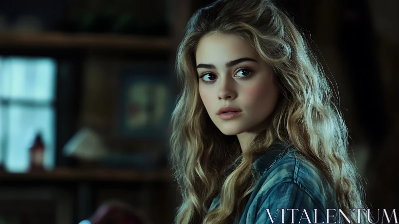 Soft window light shapes contemplative young woman portrait.