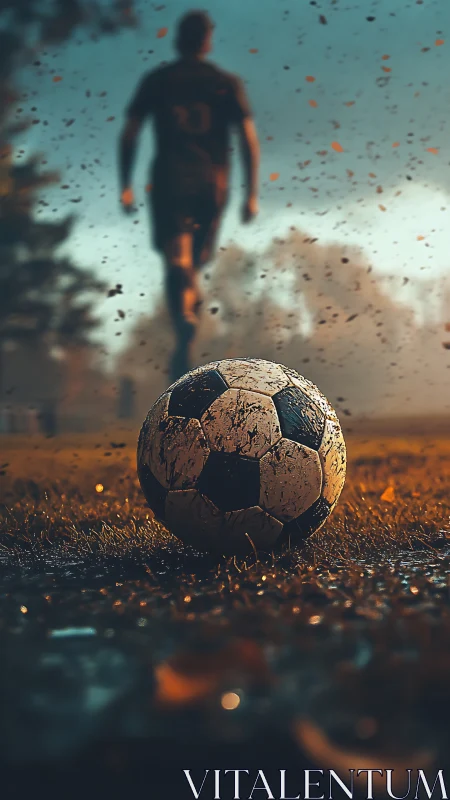 Muddy soccer ball glows under dramatic sunset rain