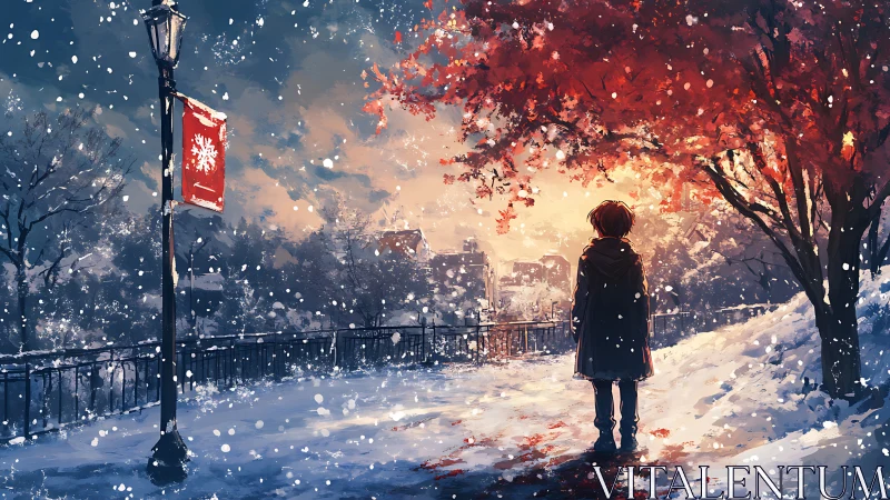 Solitary figure walks under crimson tree in snowstorm