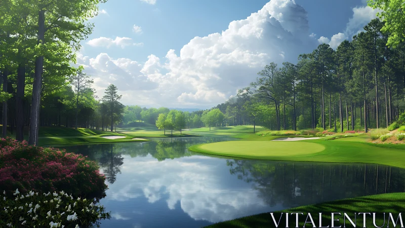 Whispering fairways and mirror lake under cloud castles.