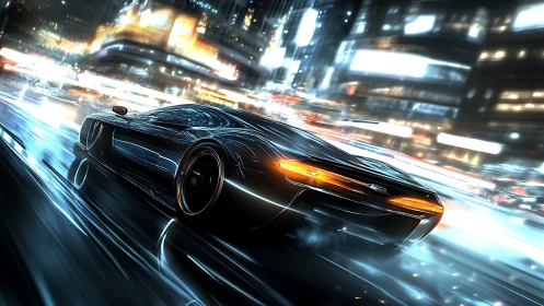 Futuristic supercar racing through neon city streets at night.