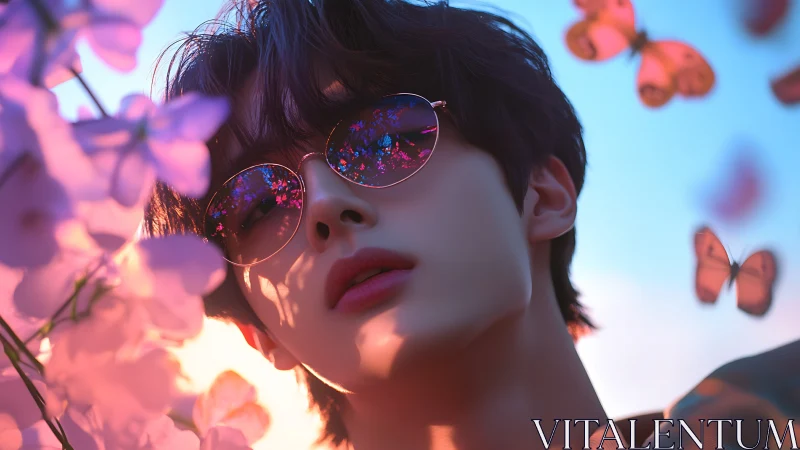 Stylized youth with sunglasses amid pink flowers and butterflies.