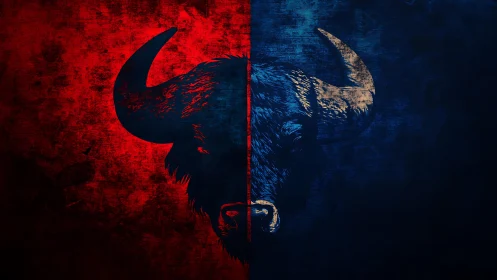 Split buffalo silhouette divides red and blue textured field