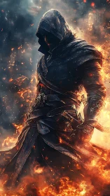 Hooded rogue in charred leather armor strides through dynamic flames