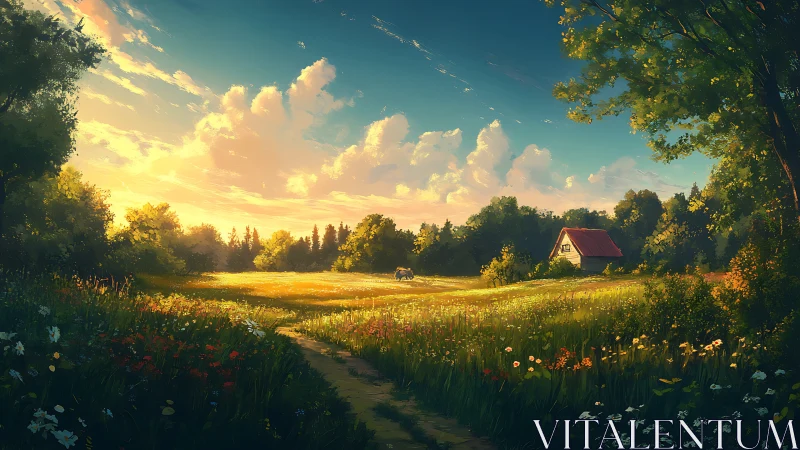 Sunlit meadow surrounds small cottage under glowing sky
