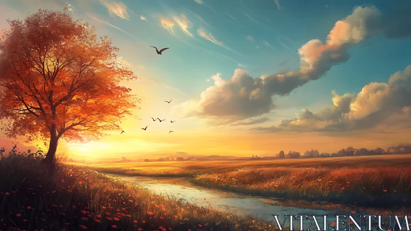 Sunset over autumn field with river and distant farm.