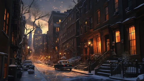 Snow-covered city street with lit windows at dusk.