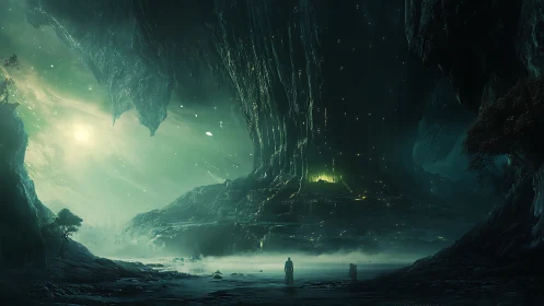 Emerald cavern sky-city glows above wandering silhouettes.