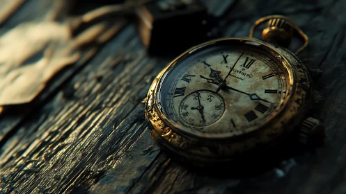 Photorealistic macro of antique pocket watch on worn timber.