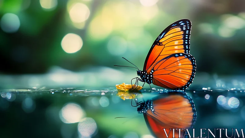 Butterfly pauses mid-sip while painting light across water