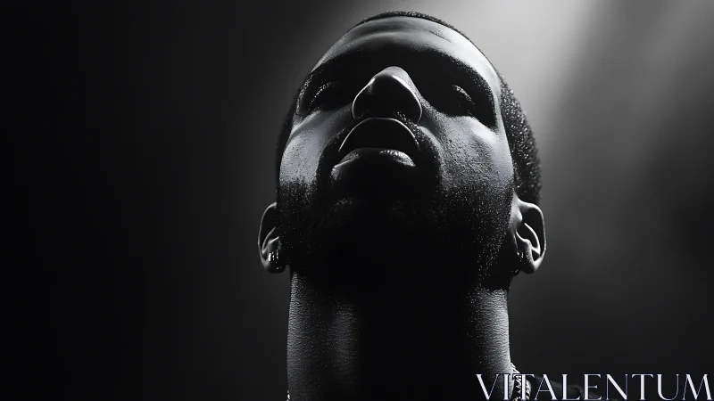 Low angle monochrome portrait with high contrast lighting.