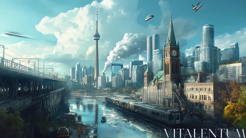 Futuristic city skyline blends historic station and transit lines.