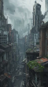 Vertical cyberpunk ruin canyon with overgrown transit corridors.