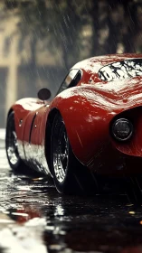 Rain-soaked classic red sports car with reflective wet bodywork