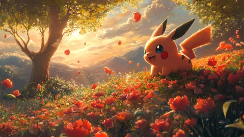 Sunny meadow magic with Pikachu in glowing wildflowers.