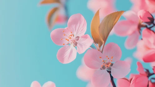 Pink Cherry Blossoms Against Turquoise Sky with Golden Foliage.