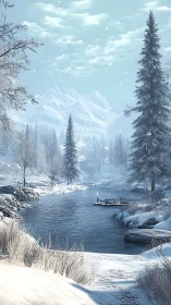 Snowy mountain river under pale winter morning light.