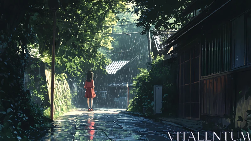 Girl in red dress walks sunlit rainy village lane.