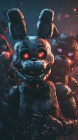 Corroded animatronic rabbits advance under infernal rim lighting