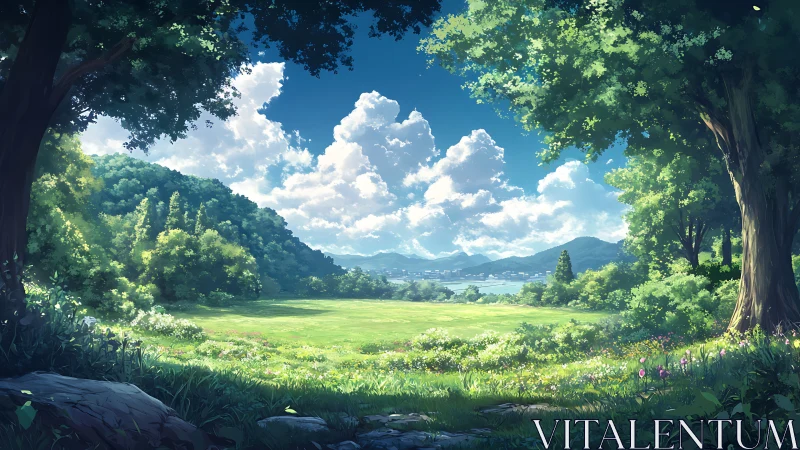 Verdant Valley Forest Clearing with Mountain Vista.