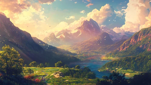 Sunlit valley doorway into bright, dreamlike mountainscape.