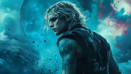 Stormlit warrior under cyan cosmic sky stands alone.