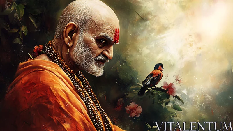 Elderly monk contemplates songbird in luminous digital painting