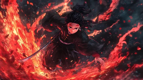 Dynamic anime swordsman executes mid-air slash within flaming arc