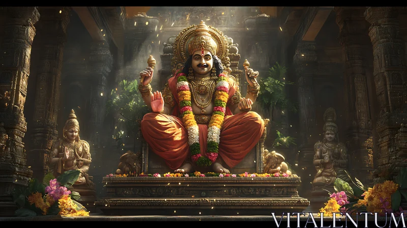 Seated Hindu deity statue in ornate stone temple interior.