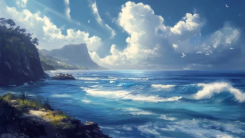 Coastal cliff and rolling ocean waves under broad sky.