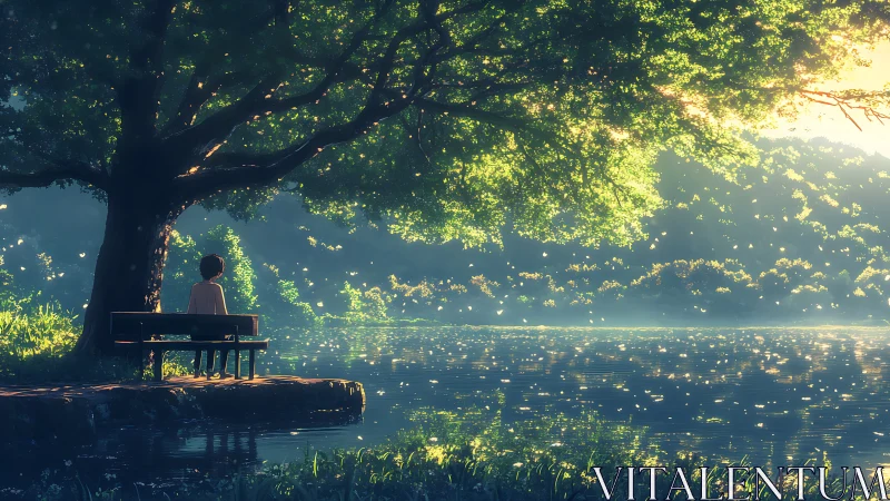 Luminous lakeside bench under volumetric foliage at dusk.