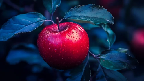 Ruby apple glows gently among cool midnight orchard leaves