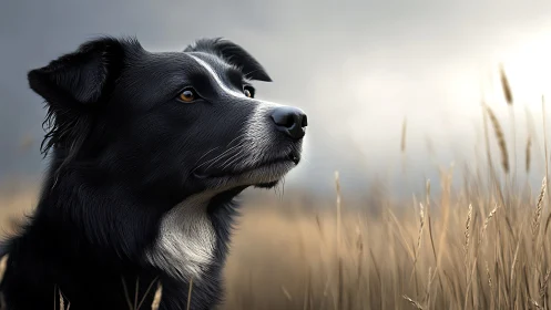 Loyal black dog gazes across golden field under soft sky