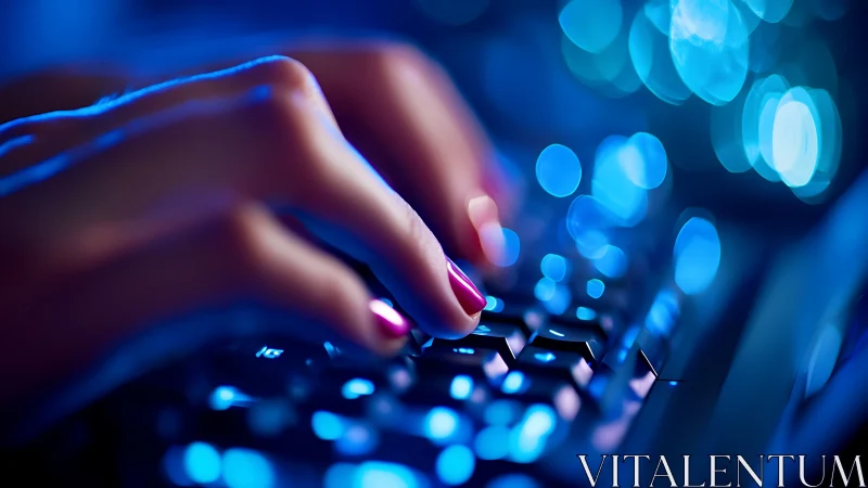 Low-light macro of hands typing on backlit mechanical keyboard