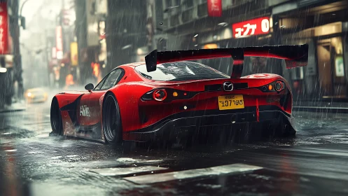 Photorealistic red race car in cinematic Tokyo night rain scene.