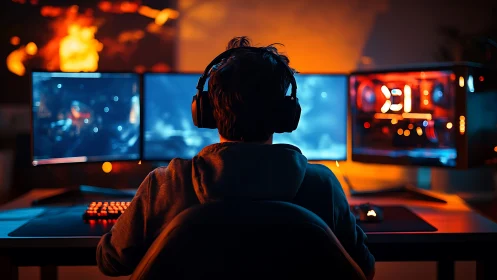 Photorealistic gamer workstation with RGB backlit rig.