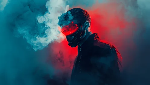 Masked cybernetic figure emerges through neon smoke field
