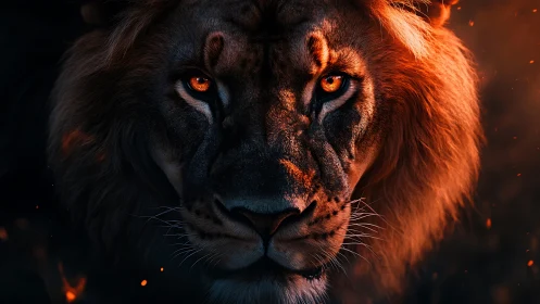 Lion portrait with molten ember eyes in dramatic low key lighting.
