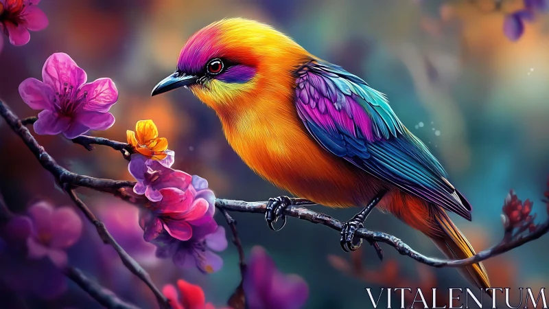 Vibrant Colorful Bird Perched on Blossoming Branch, Digital Art Style.