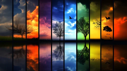 Color-split landscape panels show seasons over mirrored lake